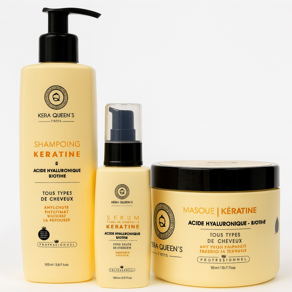 Kit Soin Capillaire Kera Queen's - Acide Hyaluronique & Biotine (Shampoing, Masque, Sérum) - 500ml