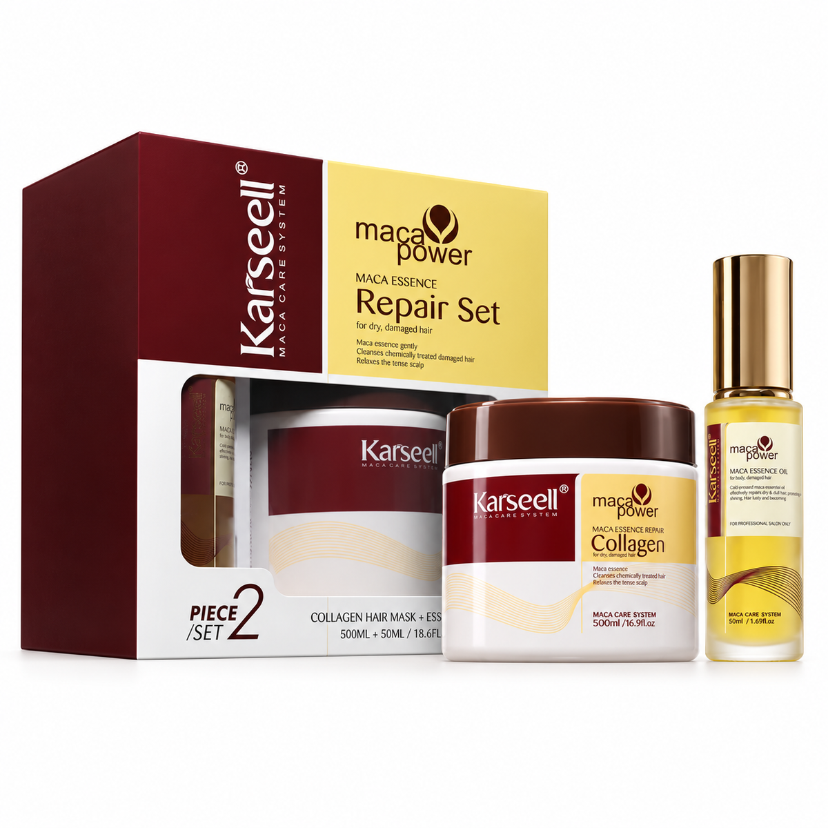 Coffret Karseell Maca Power Repair Set : masque collagène 500 ml et sérum huile de maca 50 ml