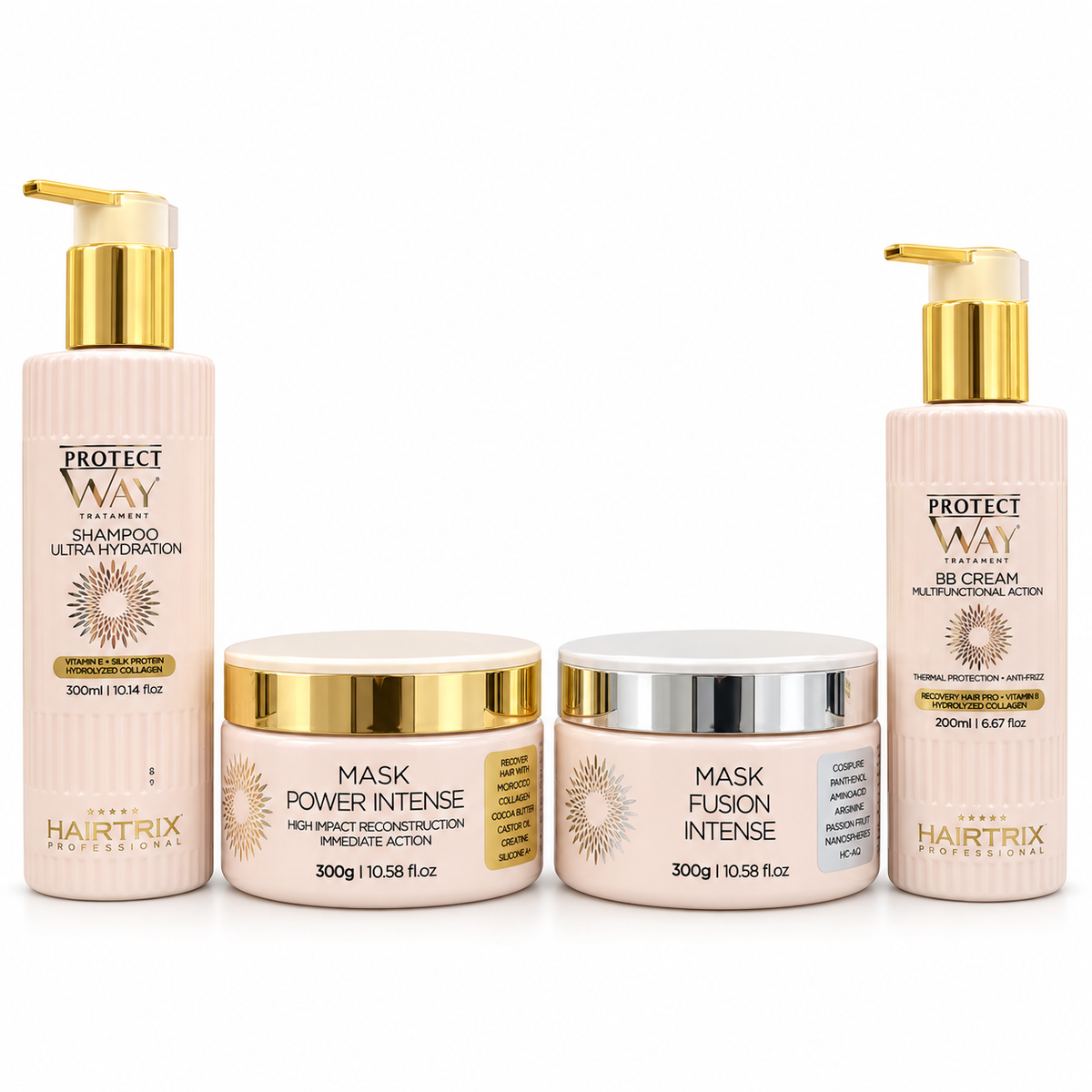 Kit soin cheveux abîmés, secs et cassants Protect Way Hairtrix Professional 300 ml – shampoing, masques Power et Fusion Intense, BB Cream