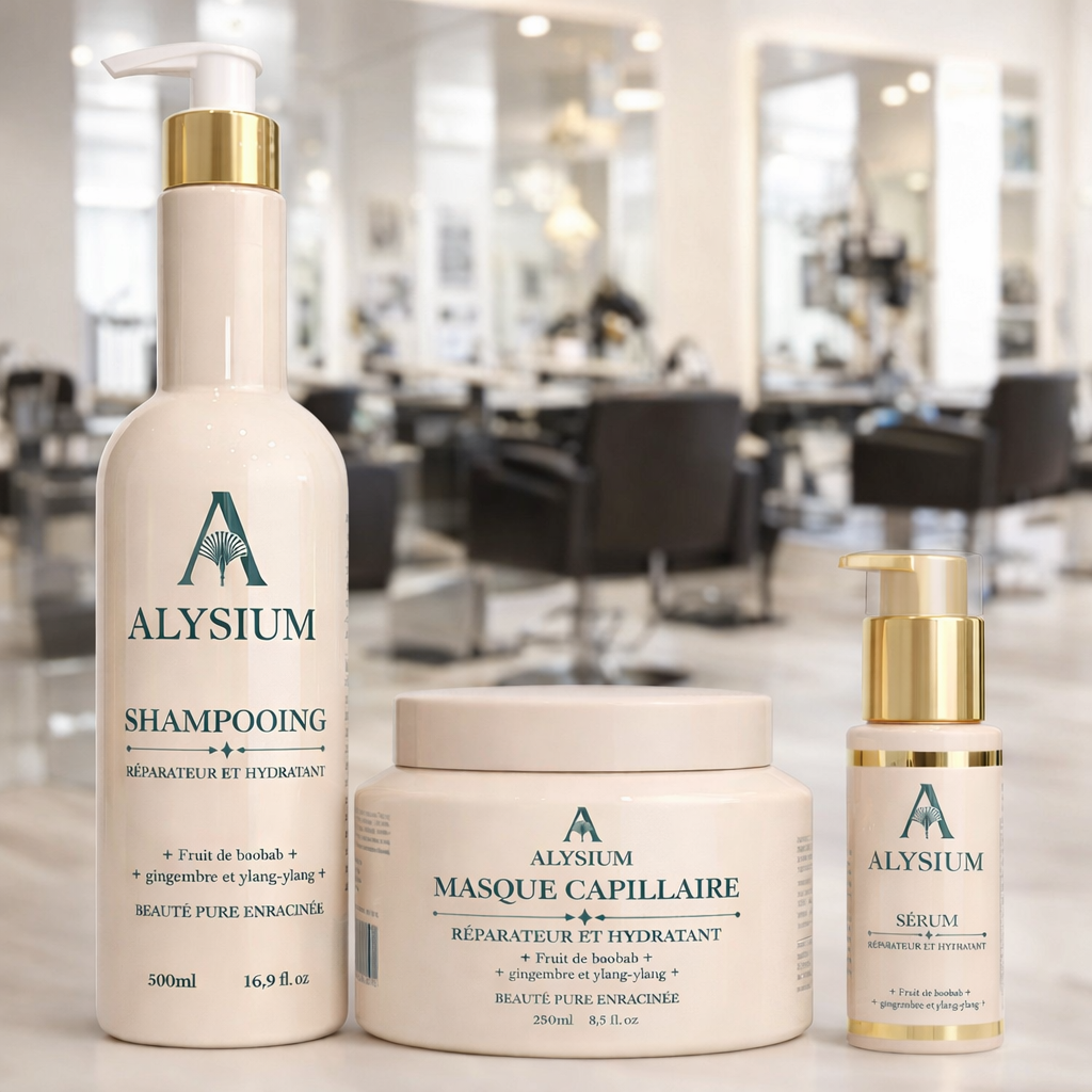 Kit capillaire Alysium réparation et hydratation composé d’un shampoing, d’un masque et d’un sérum