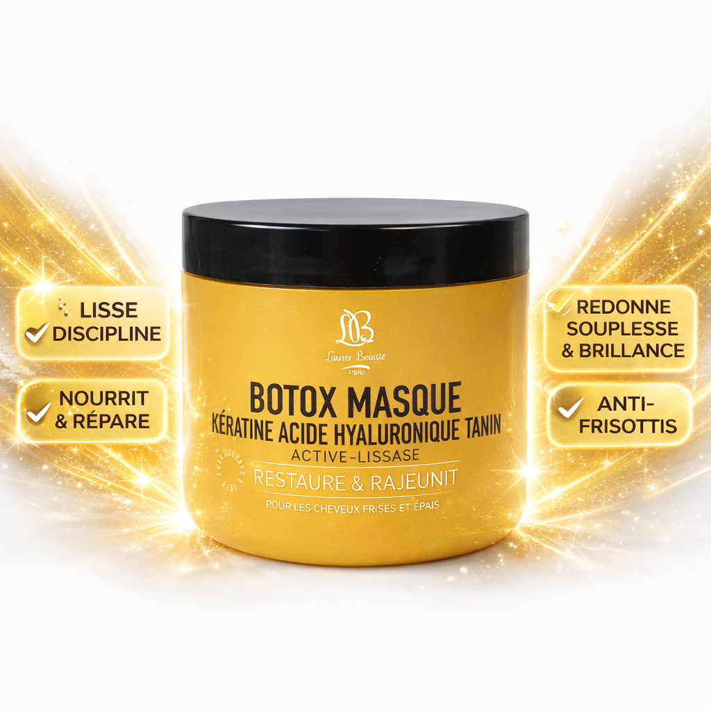 Masque capillaire BTX à la kératine, acide hyaluronique et tanin – pot doré Lauren Beauté Paris, soin lissant réparateur pour cheveux frisés et épais, sur fond blanc.