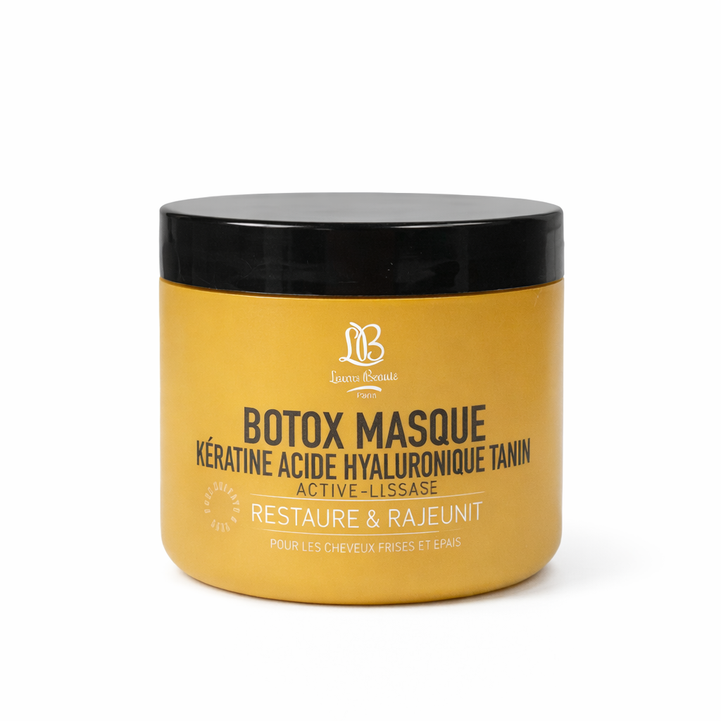 Masque capillaire Botox à la kératine, acide hyaluronique et tanin – pot doré Lauren Beauté Paris, soin lissant réparateur pour cheveux frisés et épais, sur fond blanc.
