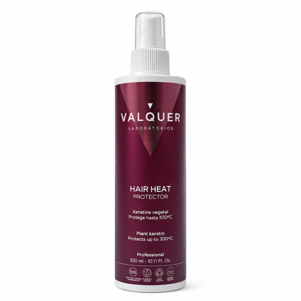 Spray thermo-protecteur Valquer Hair Heat Protector à la kératine végétale, bouteille bleue avec spray, protection chaleur jusqu’à 300 °C