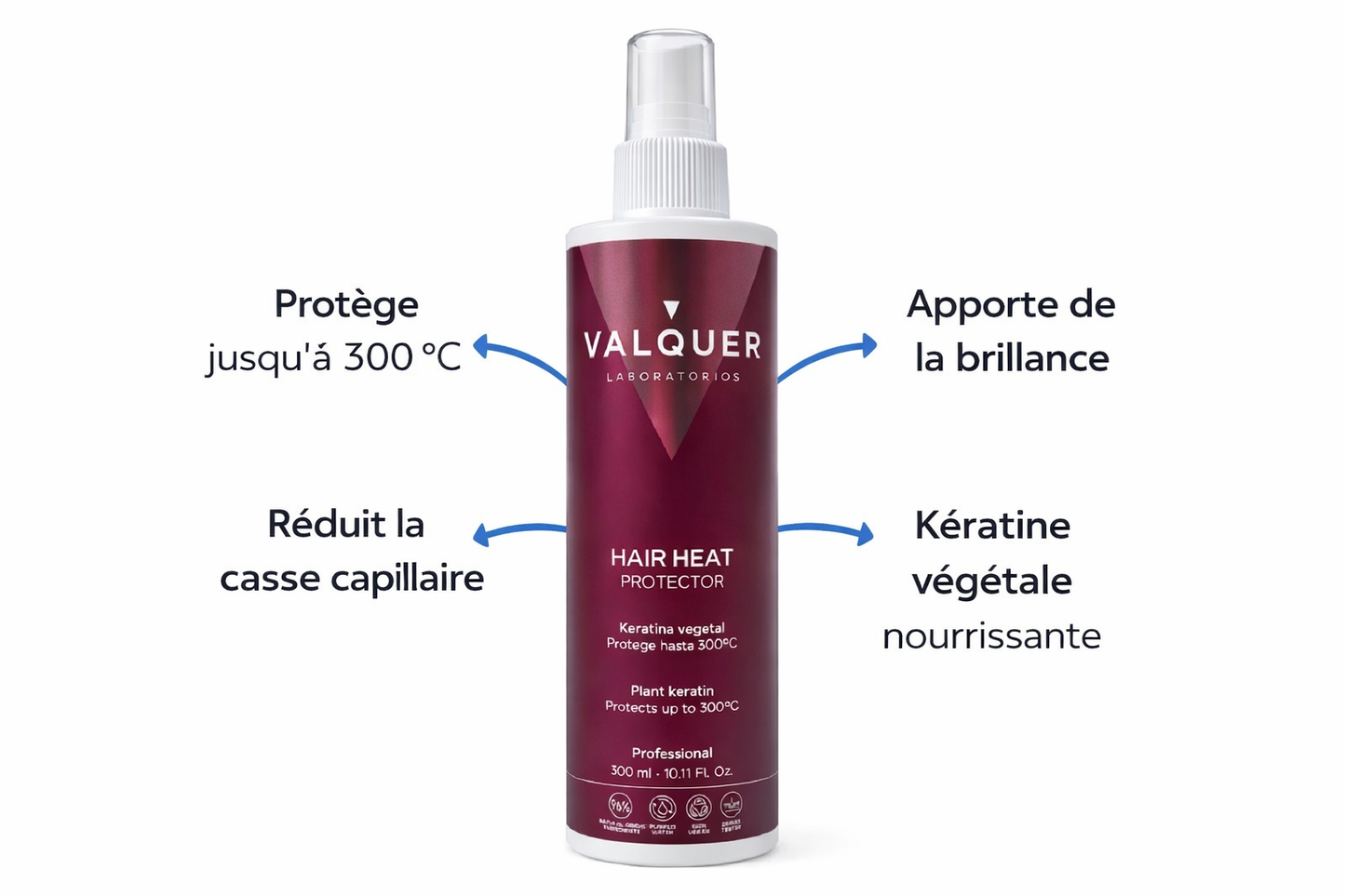 Spray thermo-protecteur Valquer Hair Heat Protector à la kératine végétale, bouteille bleue avec spray, protection chaleur jusqu’à 300 °C