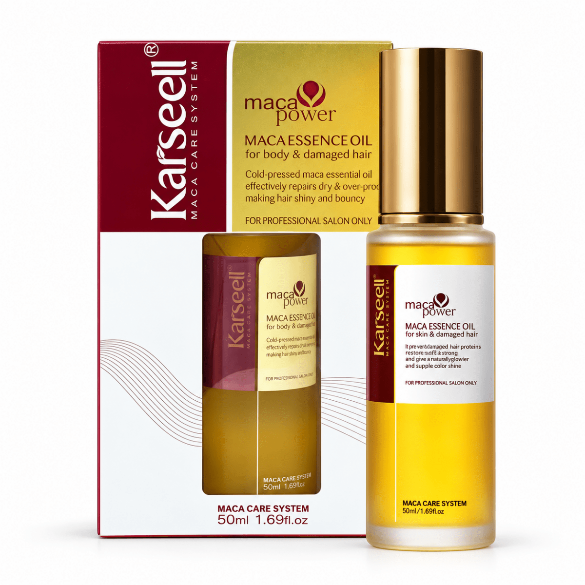 Sérum Karseell Maca Essence Oil 50 ml, huile capillaire sans rinçage pour cheveux abîmés