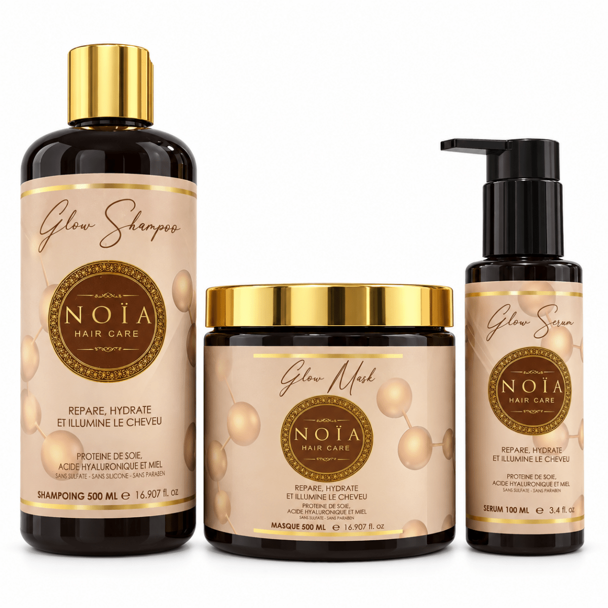 Kit Glow NOÏA Hair Care hydratation et brillance : shampoing, masque et sérum protéine de soie, acide hyaluronique, miel