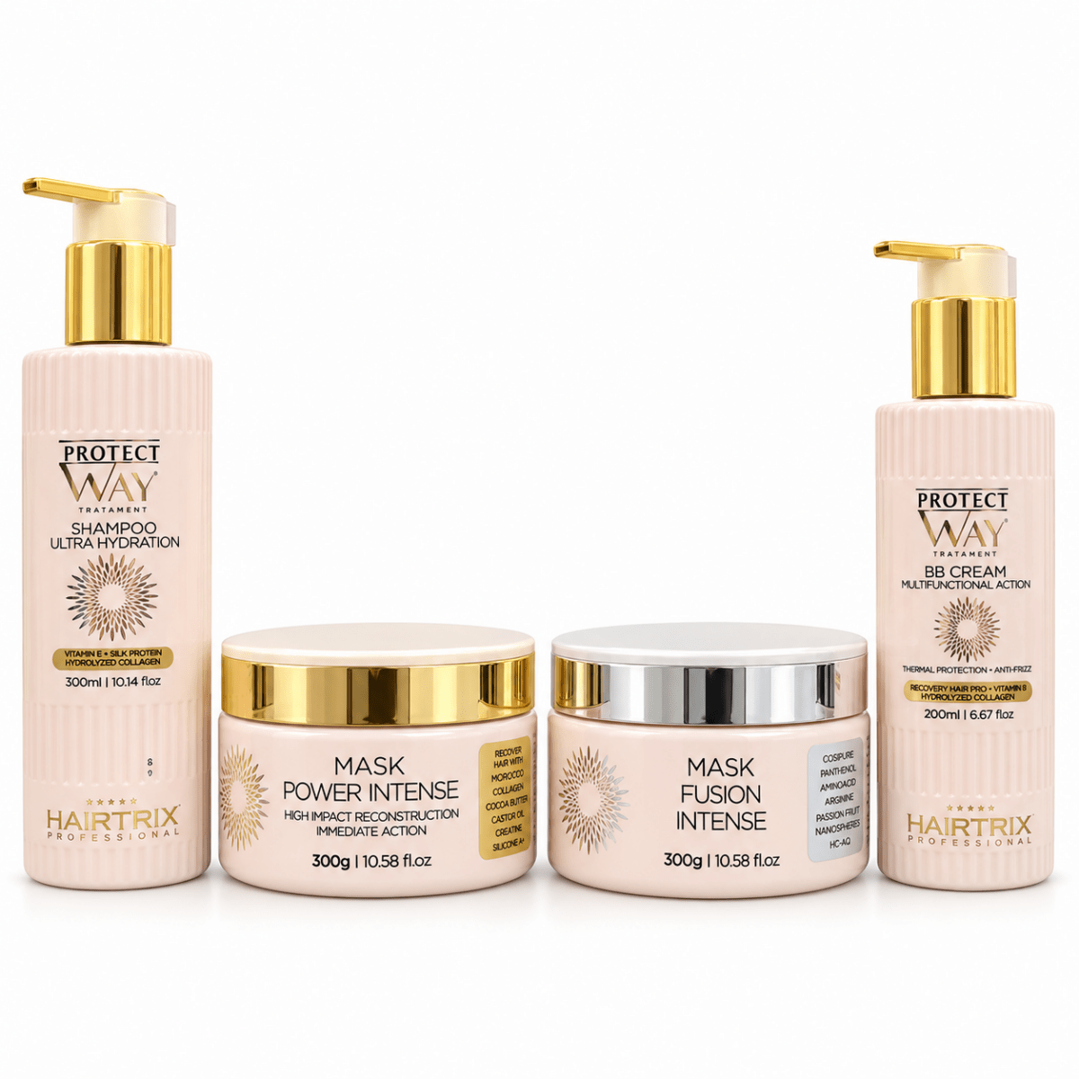 Kit soin cheveux abîmés, secs et cassants Protect Way Hairtrix Professional 300 ml – shampoing, masques Power et Fusion Intense, BB Cream