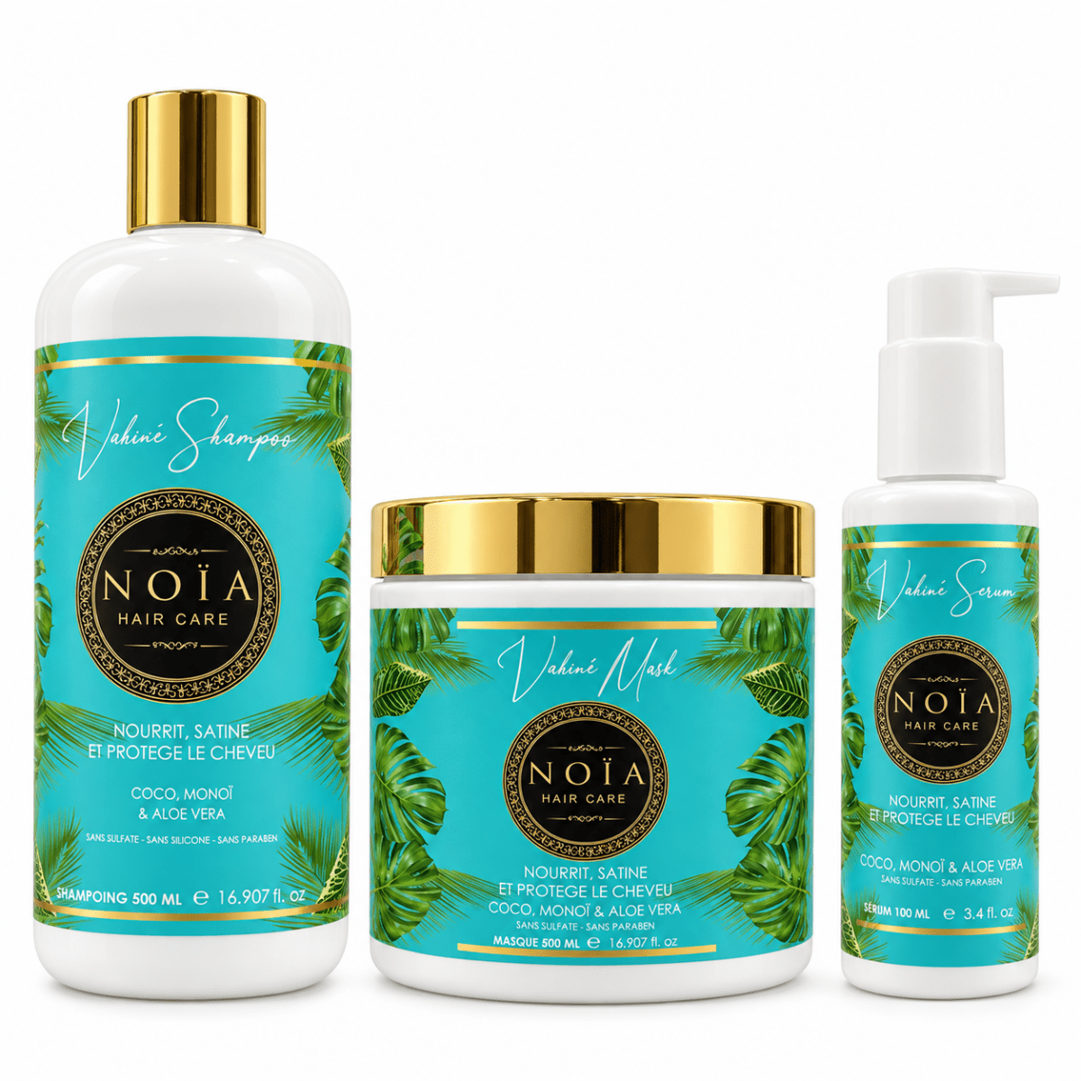Kit Vahiné NOÏA Hair Care cheveux secs : shampoing, masque et sérum nourrissants au coco, monoï et aloe vera