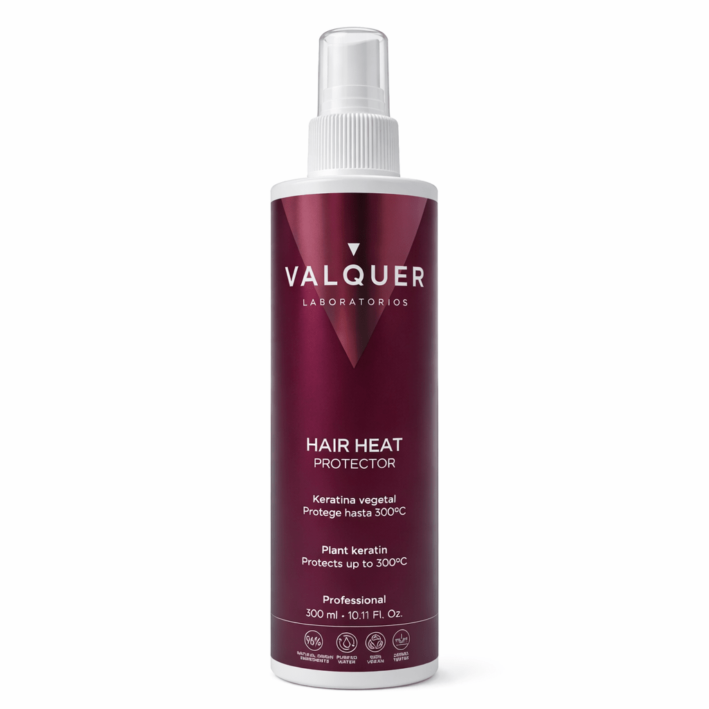 Spray thermo-protecteur Valquer Hair Heat Protector à la kératine végétale, bouteille bleue avec spray, protection chaleur jusqu’à 300 °C