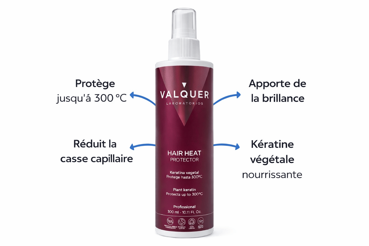 Spray thermo-protecteur Valquer Hair Heat Protector à la kératine végétale, bouteille bleue avec spray, protection chaleur jusqu’à 300 °C