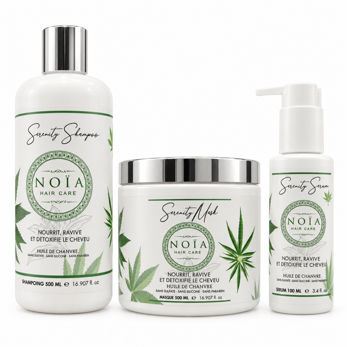 Kit Serenity NOÏA Hair Care : shampoing, masque et sérum nourrissants à l'huile de chanvre, sans sulfate ni silicone