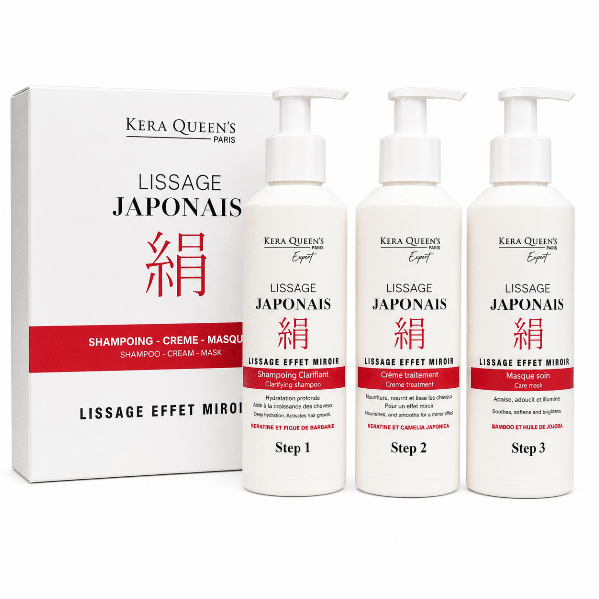Kit lissage japonais effet miroir Kera Queen's Paris : shampoing clarifiant, crème traitement kératine et Camelia Japonica, masque soin bambou et jojoba